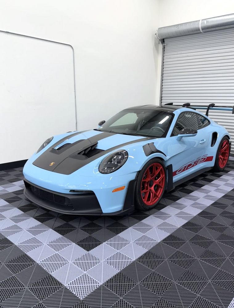 Light blue Porsche GT3 RS in the shop after PPF work